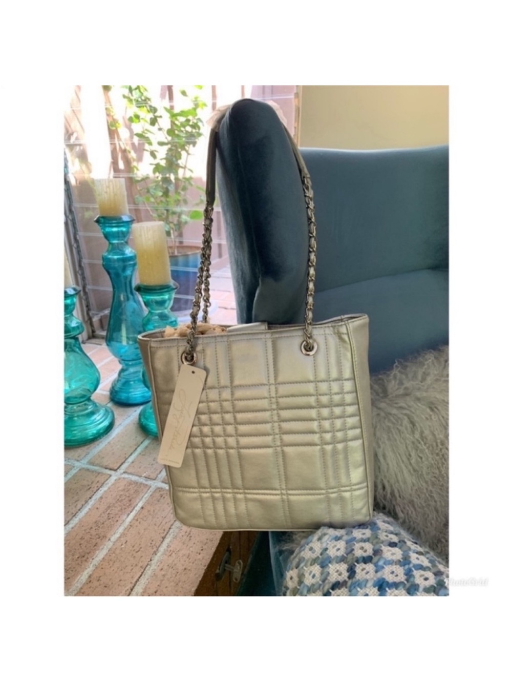 Silver Quilted Pattern Tote Bag With Chain Strap